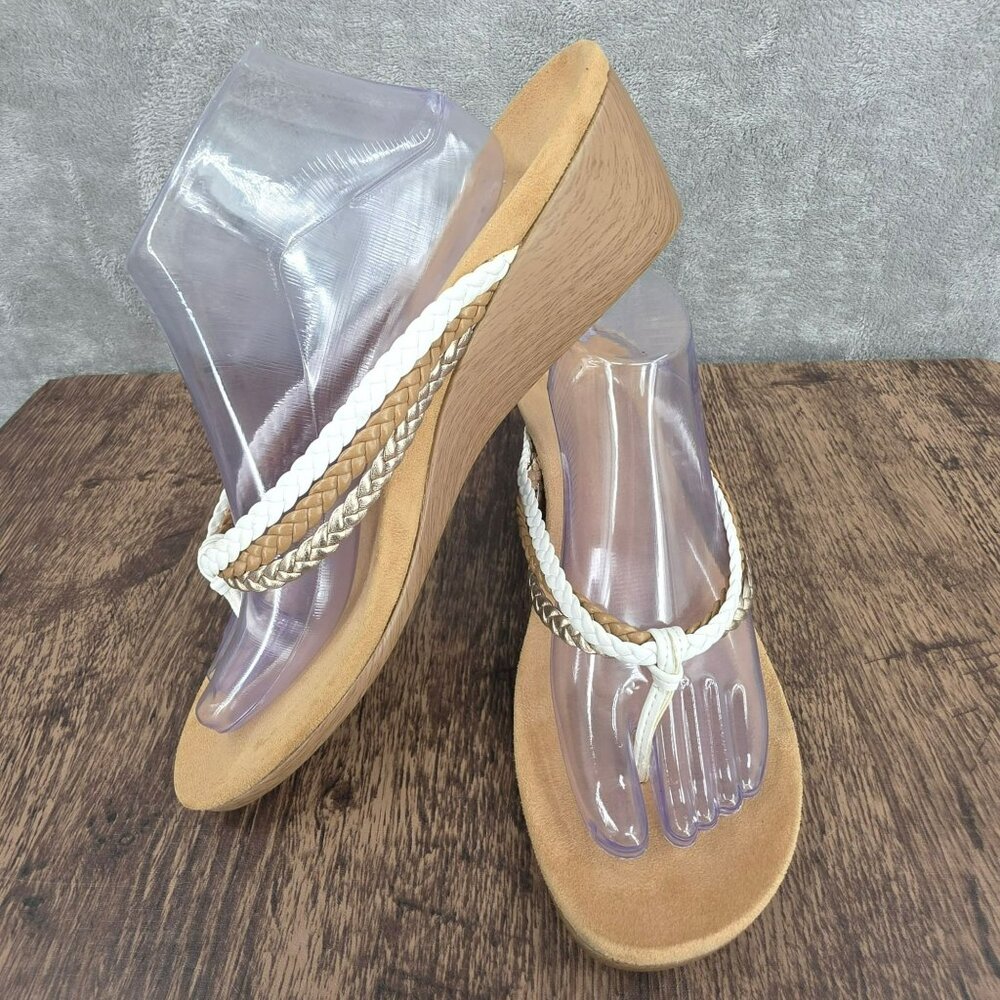 Vionic Ramba Wedge Heels 11 White Tan Metallic Gold Braided Thong Straps Beachy - Picture 12 of 13